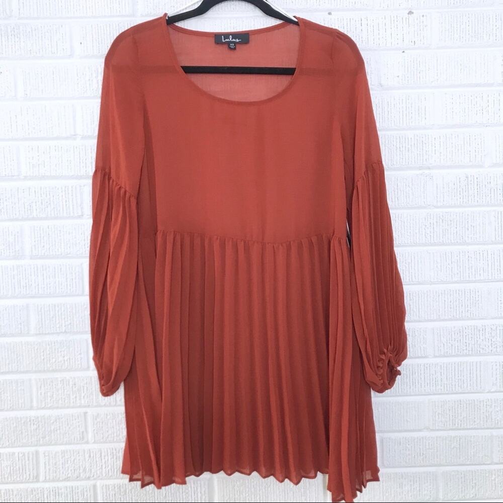 New Lulus XSmall XS Orange Aim To Pleats Rust Red Long Sleeve Dress Sheer NWT